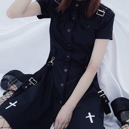 Cross Embroidery Shoulder Strap Shirt Dress