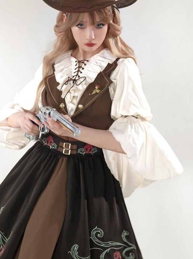 Lace-up Ruffle Blouse + Gold Line Dress With Brooch + Rose Embroidery Split Skirt
