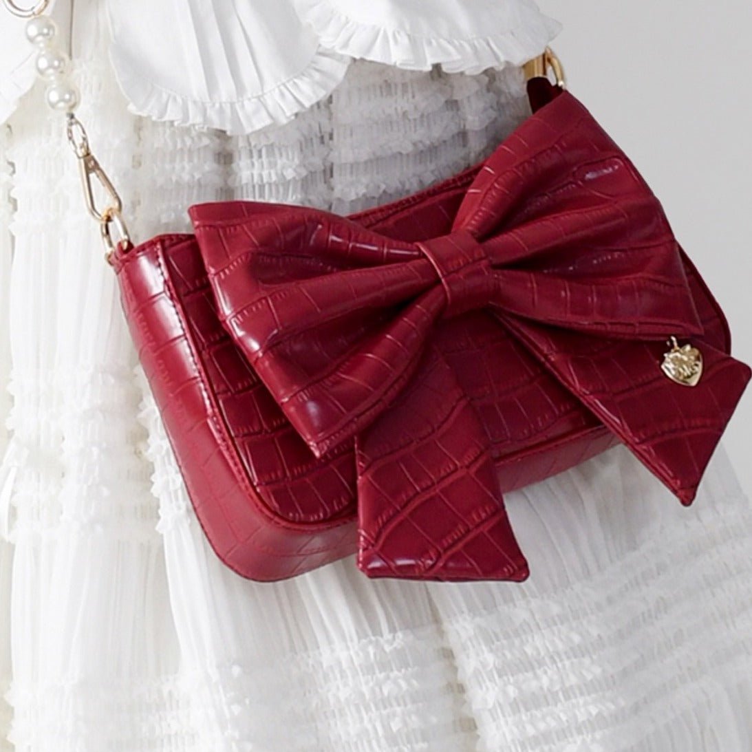 Heart Charm Bow Bag [short & Pearl Long Strap Included]