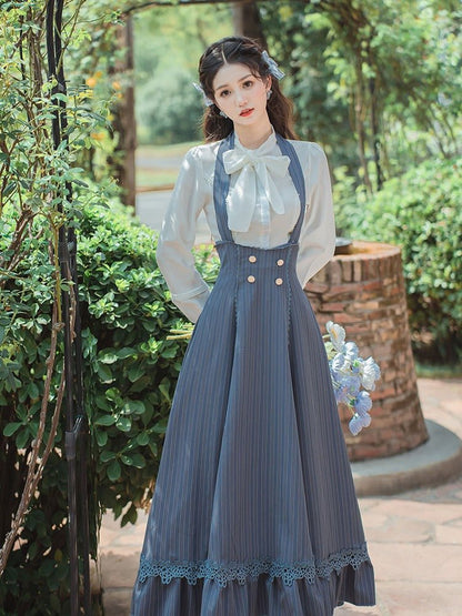 Lace Bow Tie Blouse + Halter Neck Back Lace Up Ruffle Skirt