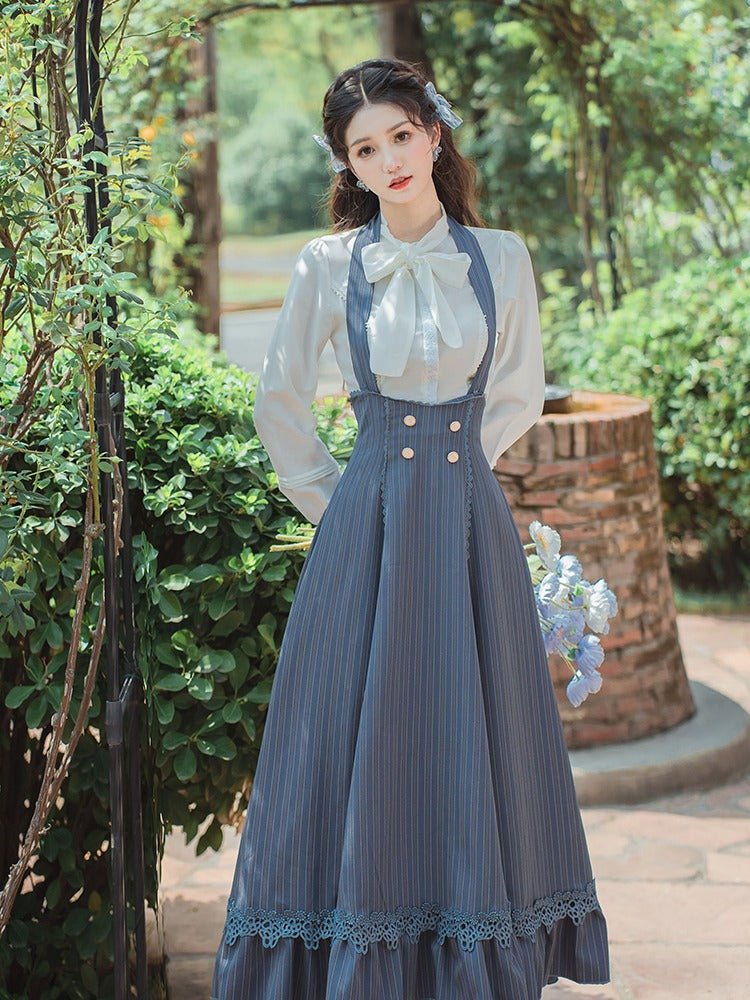 Lace Bow Tie Blouse + Halter Neck Back Lace Up Ruffle Skirt