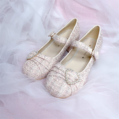 Tweed Pearl Decoration One Strap Girly Shoes