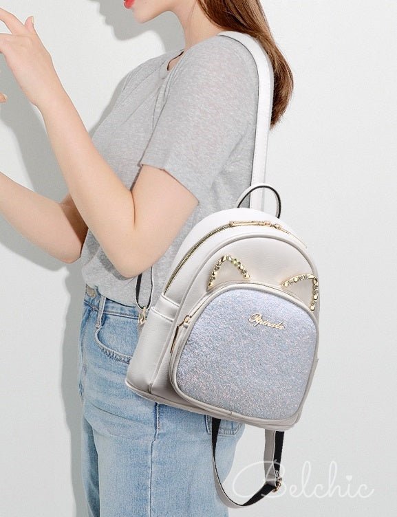 Cat Motif Glitter Backpack