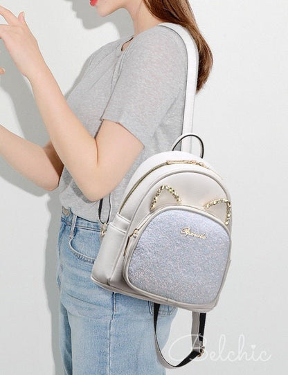 Cat Motif Glitter Backpack