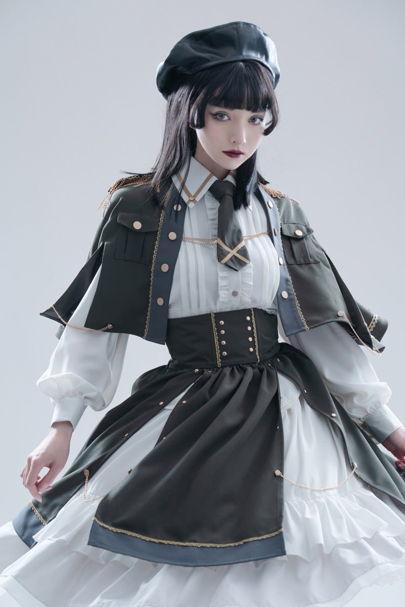 Military Style Cape Jacket + Ruffled Blouse With Tie + Waist Marked Split Layered Skirt