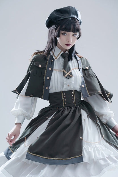 Military Style Cape Jacket + Ruffled Blouse With Tie + Waist Marked Split Layered Skirt