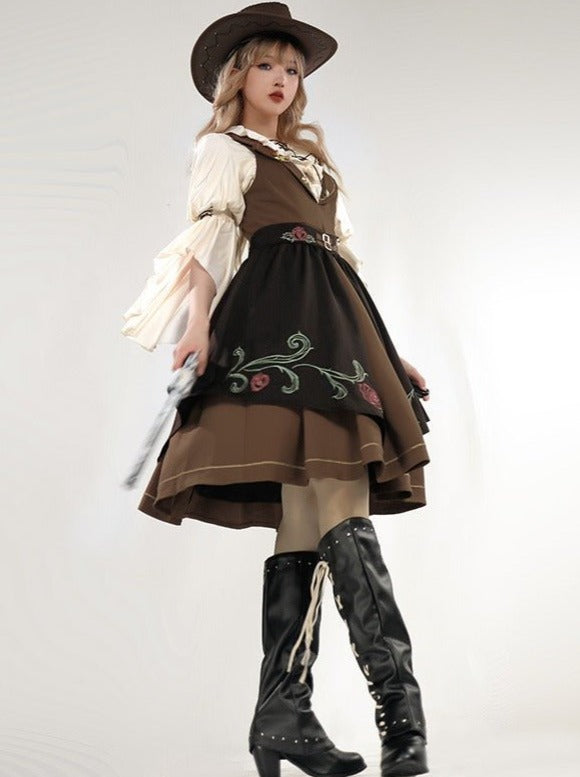 Lace-up Ruffle Blouse + Gold Line Dress With Brooch + Rose Embroidery Split Skirt