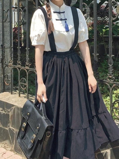 Flared Overalls Chinese-style Shirt Set