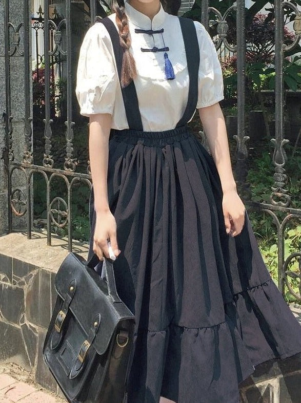 Flared Overalls Chinese-style Shirt Set