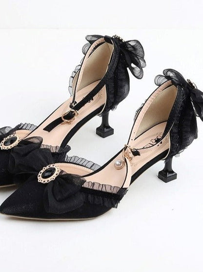 Pearl Strap Chiffon Lace Design Pumps