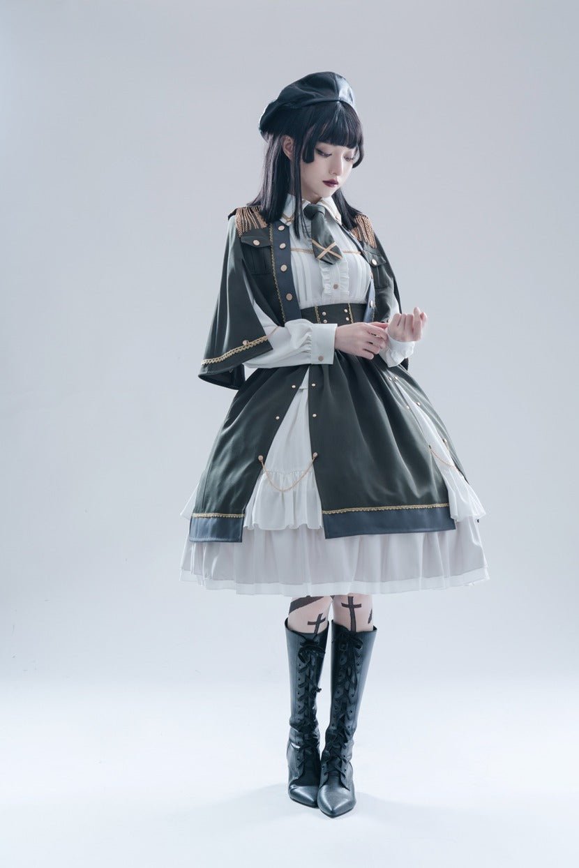 Military Style Cape Jacket + Ruffled Blouse With Tie + Waist Marked Split Layered Skirt