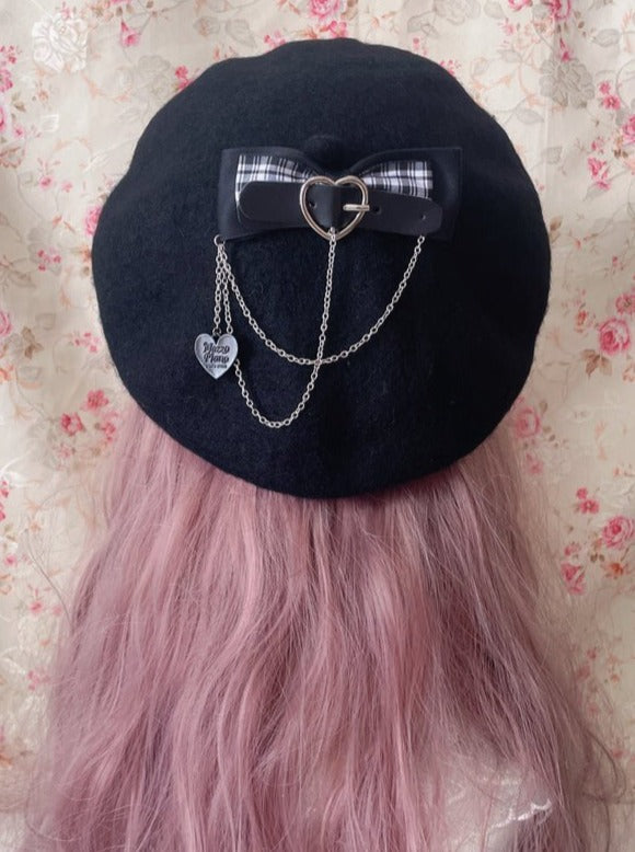 Heart Ring Chain Strap Beret With Bow