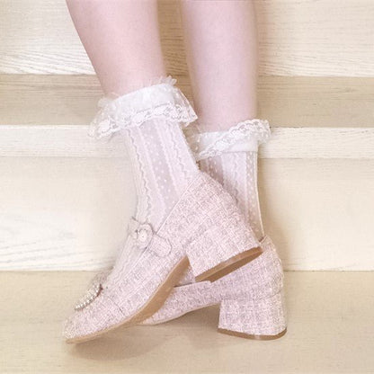 Tweed Pearl Decoration One Strap Girly Shoes