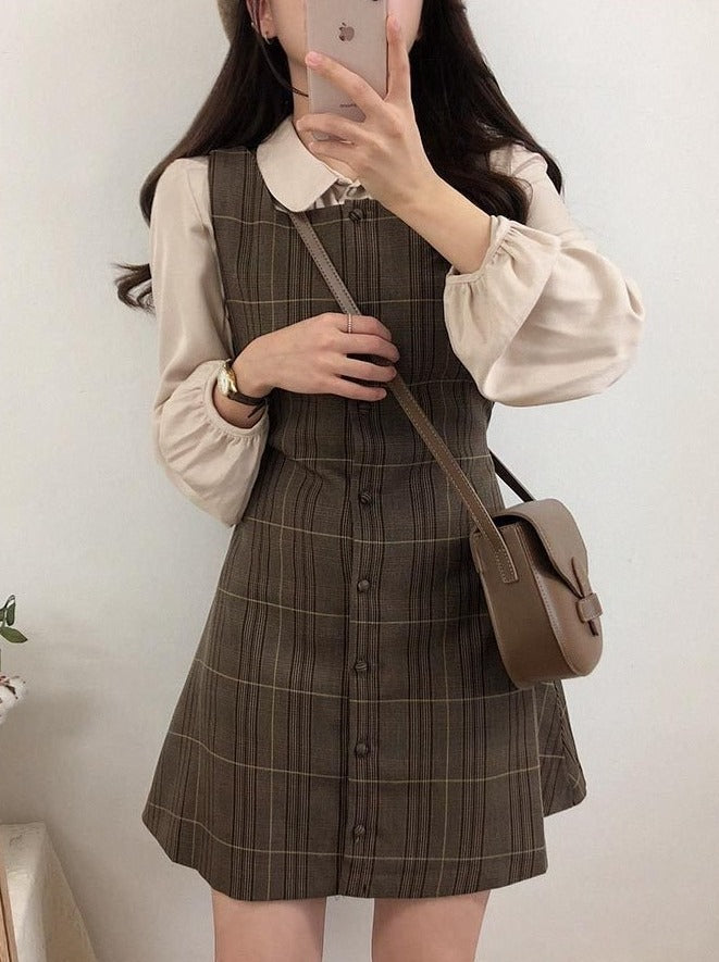 Pleated Shirt + Plaid Jumper Skirt
