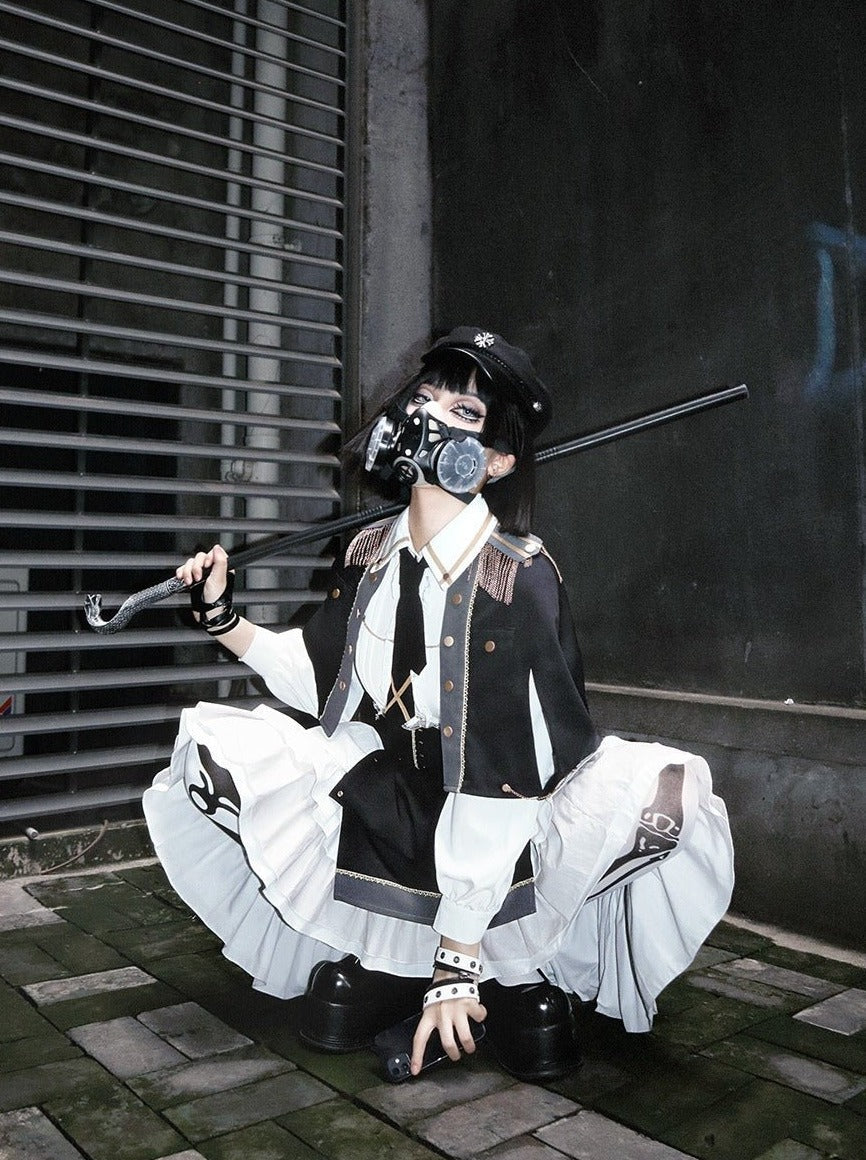 Military Style Cape Jacket + Ruffled Blouse With Tie + Waist Marked Split Layered Skirt