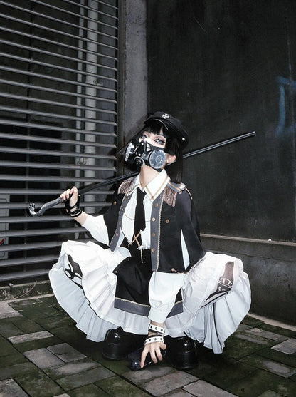 Military Style Cape Jacket + Ruffled Blouse With Tie + Waist Marked Split Layered Skirt