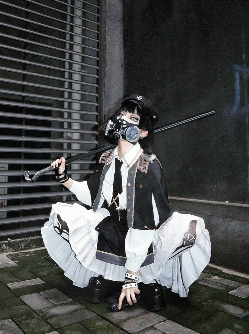 Military Style Cape Jacket + Ruffled Blouse With Tie + Waist Marked Split Layered Skirt