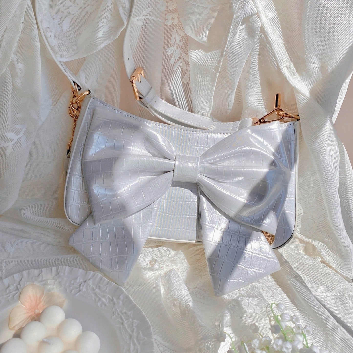 Heart Charm Bow Bag [short & Pearl Long Strap Included]