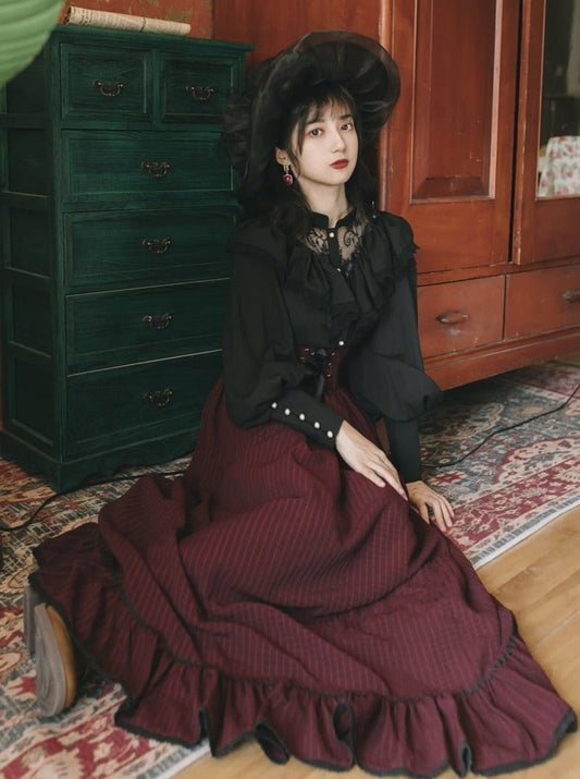 Ruffle Lace Blouse + Striped Corset Skirt