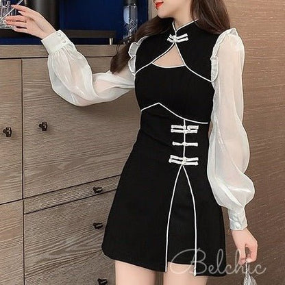 Chiffon Sleeve Docking Chinese-style Dress