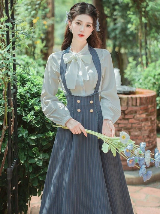 Lace Bow Tie Blouse + Halter Neck Back Lace Up Ruffle Skirt