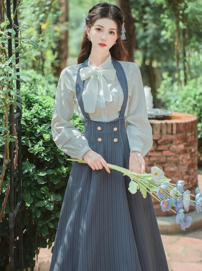 Lace Bow Tie Blouse + Halter Neck Back Lace Up Ruffle Skirt