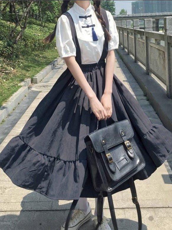 Flared Overalls Chinese-style Shirt Set