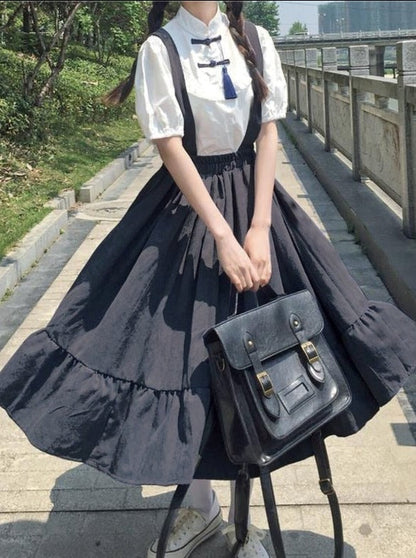 Flared Overalls Chinese-style Shirt Set