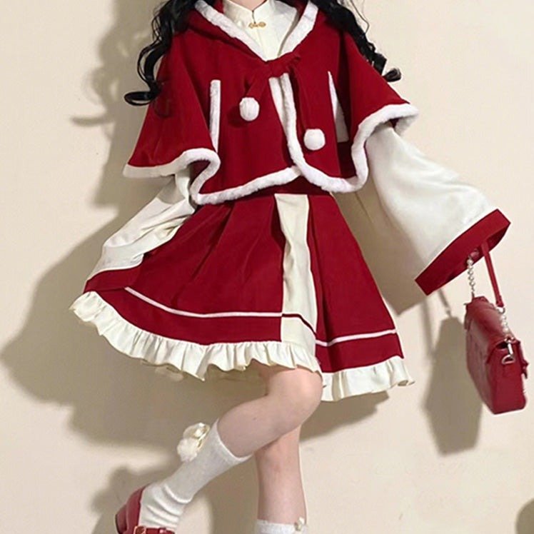 Chinese-style Blouse + Skirt + Cat Ears Hooded Cape Coat[christmas Eve Costume]
