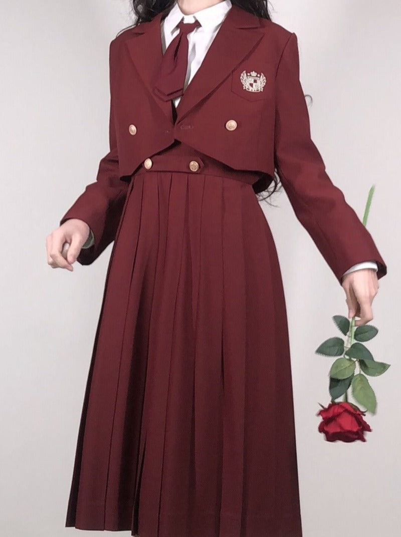 Emblem Short Jacket + Blouse With Embroidered Collar and Necktie + Bib Dress