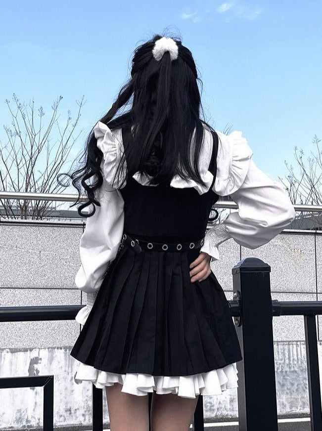 Ruffle Shirt + Bib Dress With Belt + Inner Slip