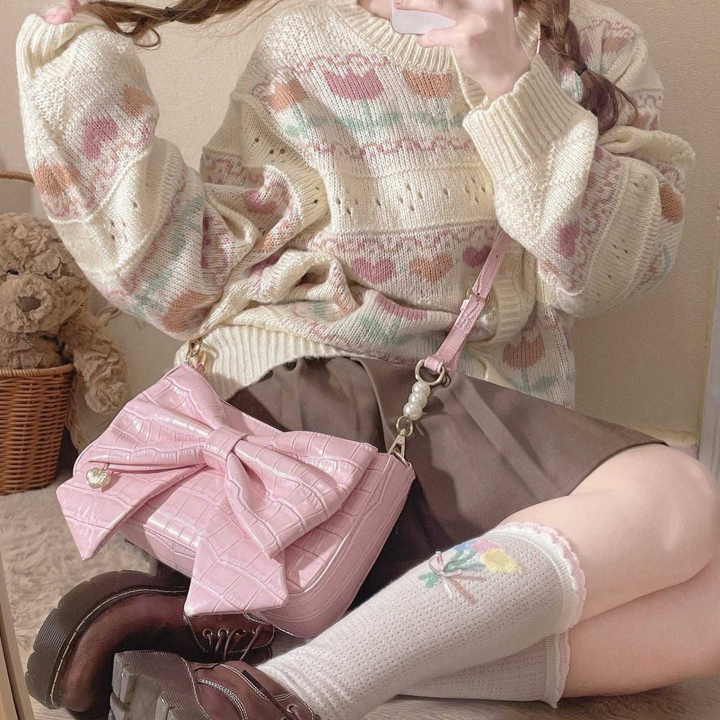 Heart Charm Bow Bag [short & Pearl Long Strap Included]
