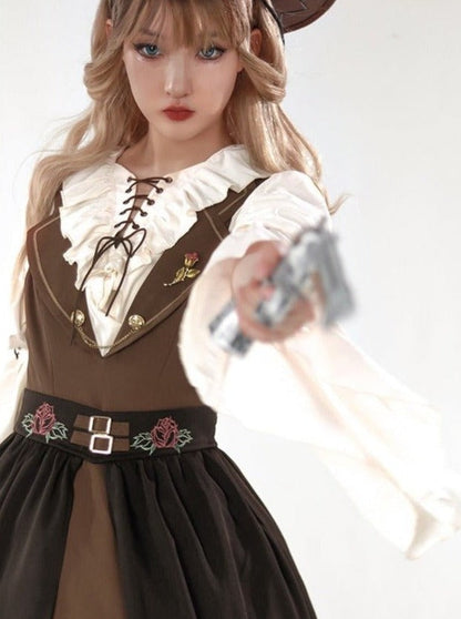 Lace-up Ruffle Blouse + Gold Line Dress With Brooch + Rose Embroidery Split Skirt