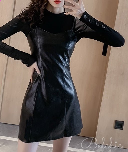 Cufflink Top + Leather-look Cami Dress