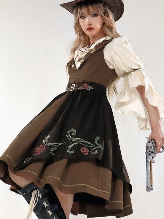 Lace-up Ruffle Blouse + Gold Line Dress With Brooch + Rose Embroidery Split Skirt