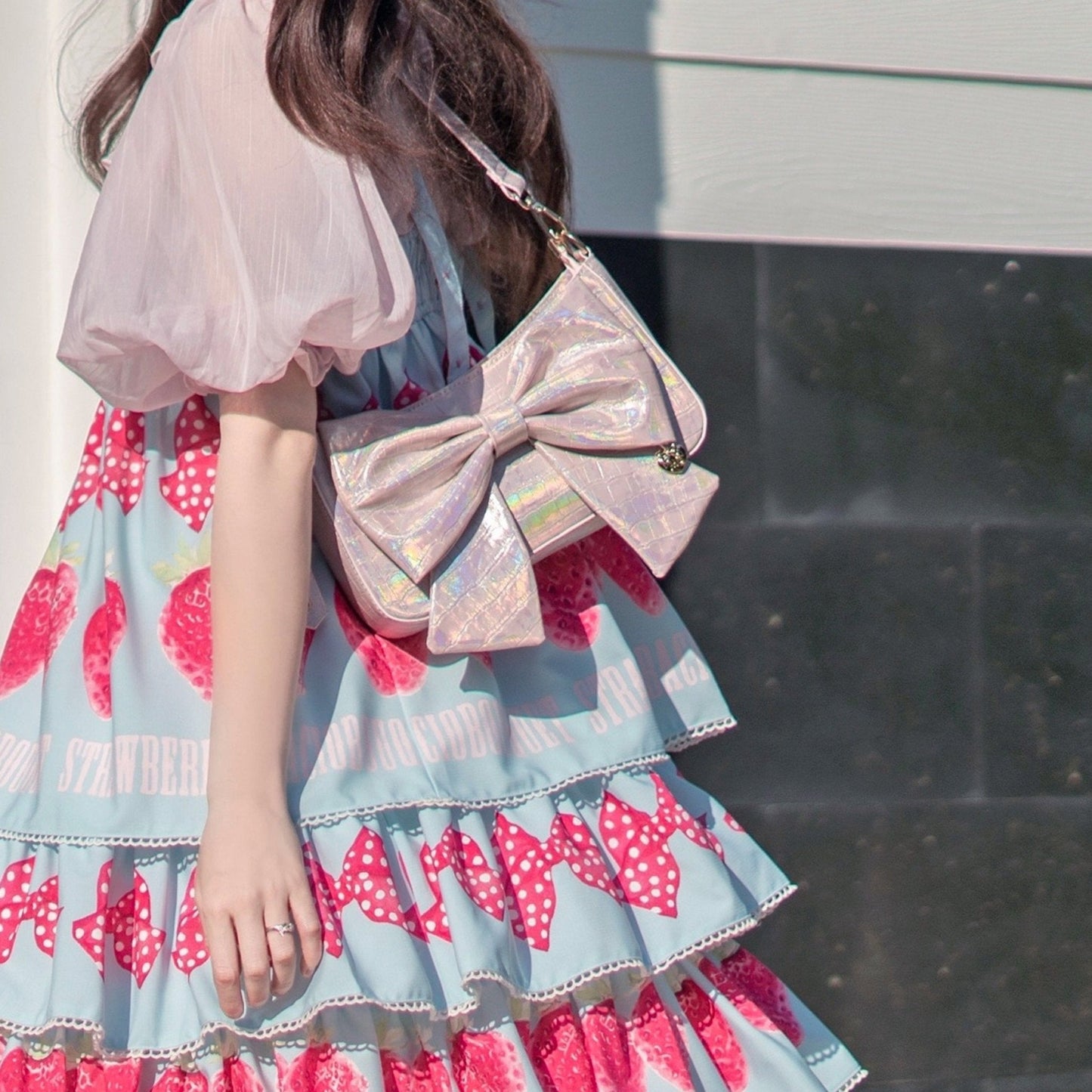 Heart Charm Bow Bag [short & Pearl Long Strap Included]