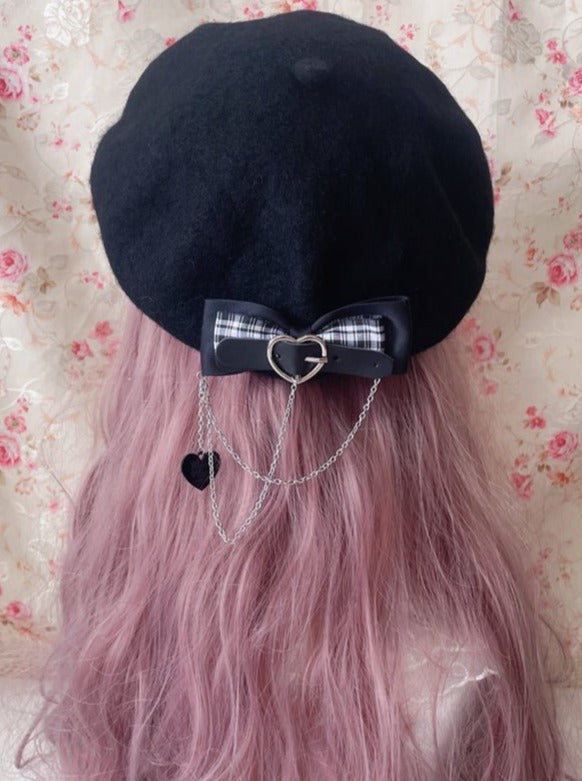 Heart Ring Chain Strap Beret With Bow