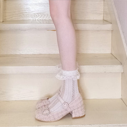 Tweed Pearl Decoration One Strap Girly Shoes