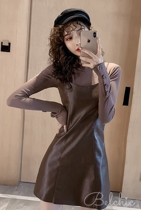 Cufflink Top + Leather-look Cami Dress