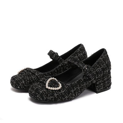 Tweed Pearl Decoration One Strap Girly Shoes