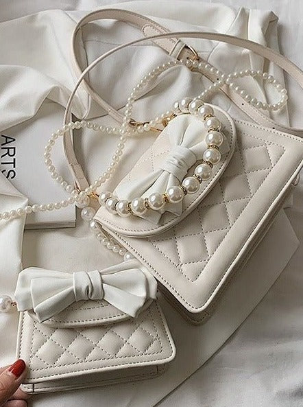 Pearl Handle Quilted Bow Shoulder Bag