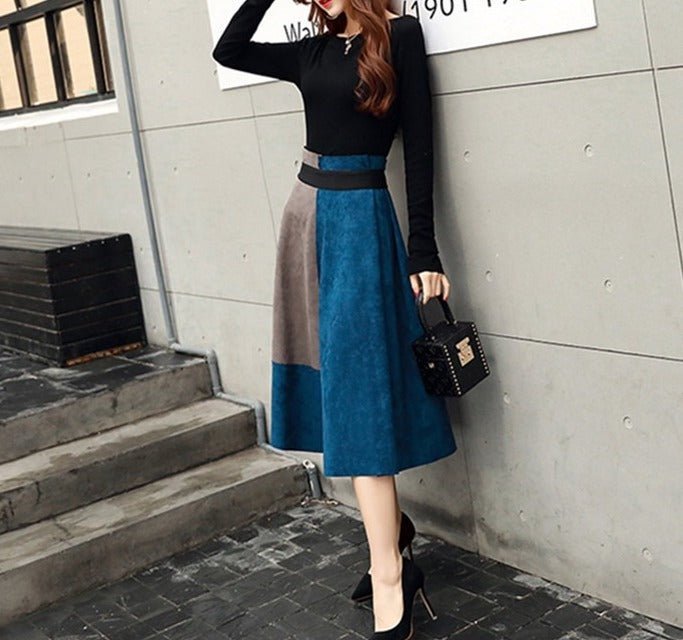 Slit Sleeve Tops + Bicolor Skirt Set