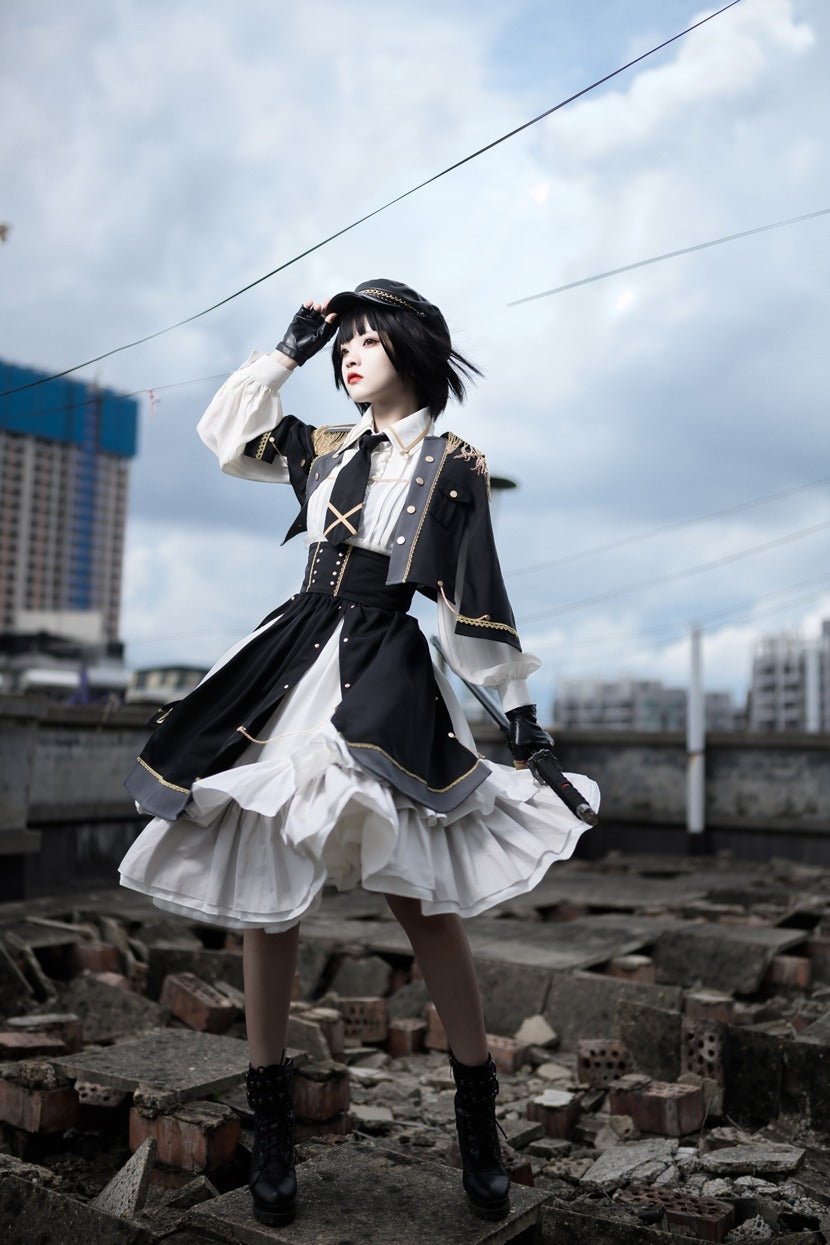 Military Style Cape Jacket + Ruffled Blouse With Tie + Waist Marked Split Layered Skirt