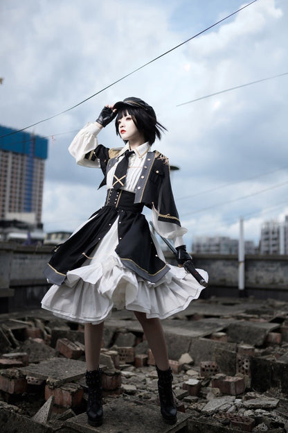 Military Style Cape Jacket + Ruffled Blouse With Tie + Waist Marked Split Layered Skirt