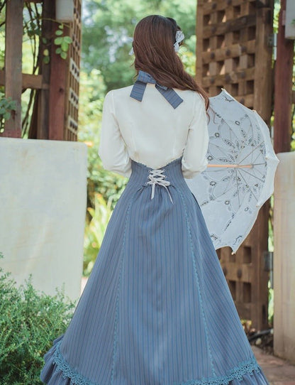 Lace Bow Tie Blouse + Halter Neck Back Lace Up Ruffle Skirt