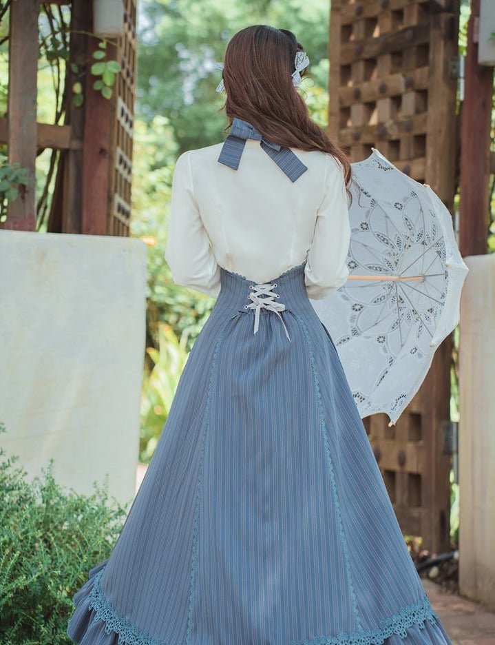 Lace Bow Tie Blouse + Halter Neck Back Lace Up Ruffle Skirt