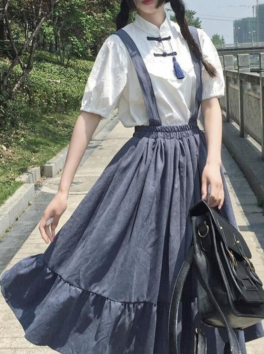 Flared Overalls Chinese-style Shirt Set