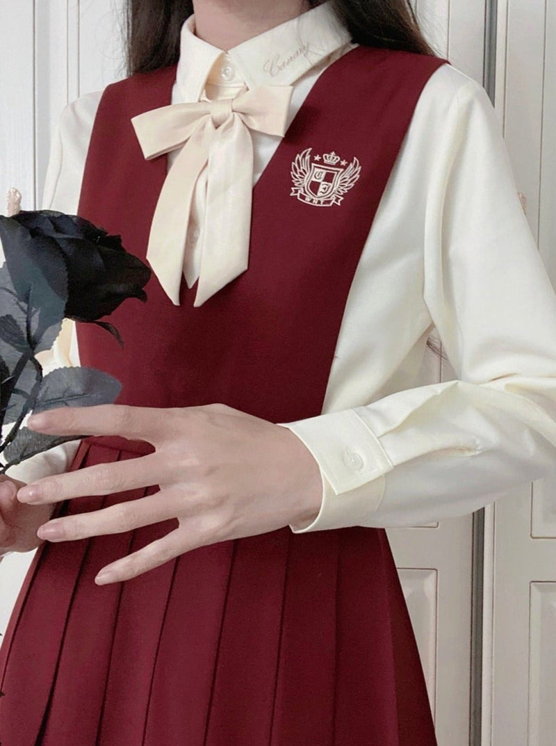 Emblem Short Jacket + Blouse With Embroidered Collar and Necktie + Bib Dress