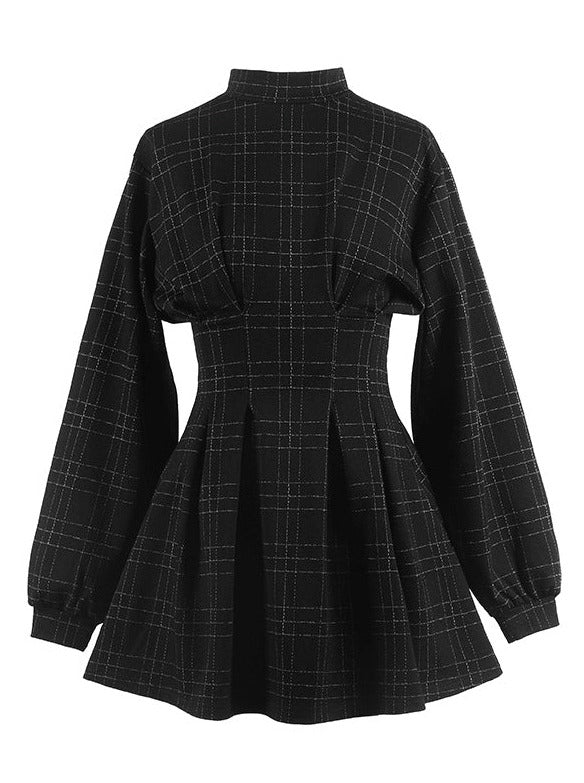 Stand Collar Plaid Pattern Tuck Dress