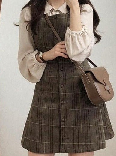 Pleated Shirt + Plaid Jumper Skirt